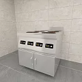 Commercial Stainless Steel Kitchen Appliances With Multiple Burners Control Panels Tile Walls And Marble Flooring