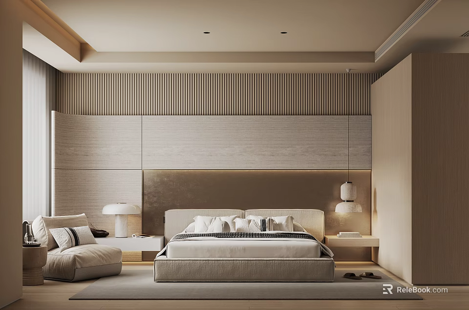 Modern Minimalist Bedroom Interior With Wooden Slat Headboard And Neutral Tones 3d model 