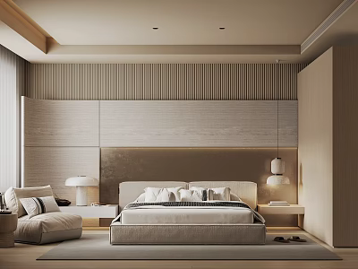 Modern Minimalist Bedroom Interior With Wooden Slat Headboard And Neutral Tones 3d model