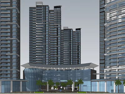 Modern High Rise Buildings With Glass Curtain Walls And Palm Trees At Entrance Area 3d model