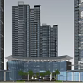 Modern High Rise Buildings With Glass Curtain Walls And Palm Trees At Entrance Area