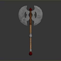 Double Bladed Battle Axe With Silver Blades Wooden Handle Red Accents And Gemstone