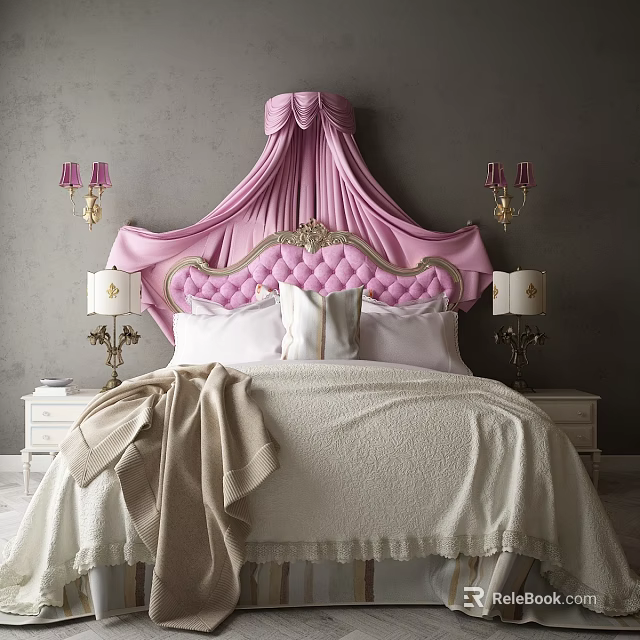 Luxurious Double Bed With Pink Tufted Headboard Pink Canopy Bedside Lamps White Nightstands Gray Walls 3d model 