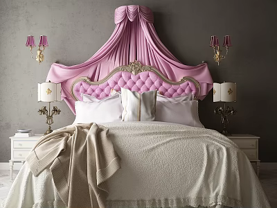 Luxurious Double Bed With Pink Tufted Headboard Pink Canopy Bedside Lamps White Nightstands Gray Walls 3d model