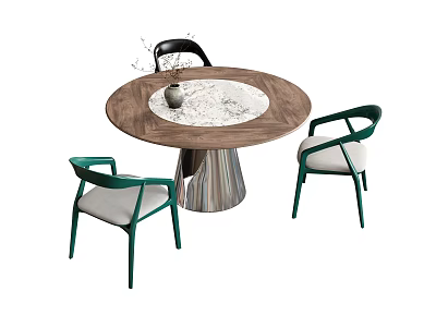 Elegant Modern Round Dining Table Set With Green Upholstered Armchairs And Marble Top 3d model