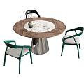 Elegant Modern Round Dining Table Set With Green Upholstered Armchairs And Marble Top