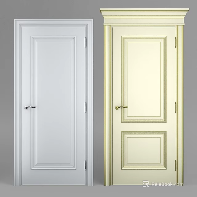 White and Beige Hinged Doors with Simple Panel Design and Metal Handles 3d model 