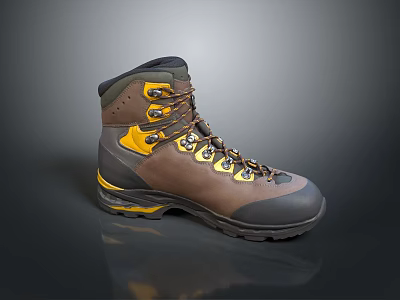 High Top Brown Yellow Black Hiking Boots With Laces And Durable Outdoor Sole 3d model