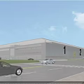 Modern Industrial Factory Building With 1 2 Markings Large Parking Area Cars And Green Trees