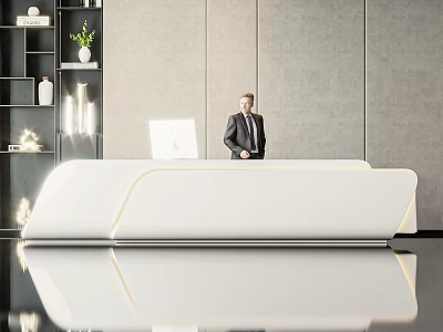 Modern Office Reception with White Counter Grey Walls Bookshelf Green Plant and Suit Clad Staff 3d model