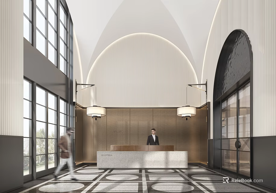 Modern Front Desk Reception Area with Arched Ceiling Pendant Lights and Patterned Floor Tiles 3d model 