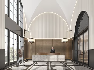 Modern Front Desk Reception Area with Arched Ceiling Pendant Lights and Patterned Floor Tiles 3d model