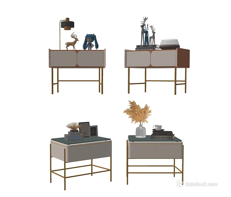 Modern Luxury Bedside Tables Featuring Gold Legs Decorative Figurines Books And Maple Leaf Decor 3d model 