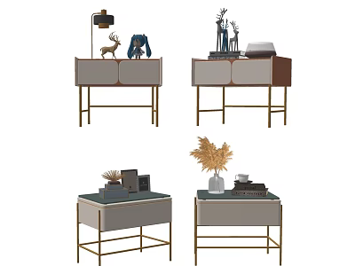 Modern Luxury Bedside Tables Featuring Gold Legs Decorative Figurines Books And Maple Leaf Decor 3d model
