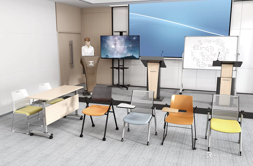 Modern Conference Room With Podium Large Screen Whiteboard Multicolored Chairs And Tables 3d model 