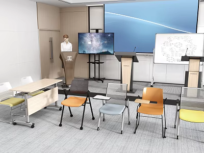 Modern Conference Room With Podium Large Screen Whiteboard Multicolored Chairs And Tables 3d model