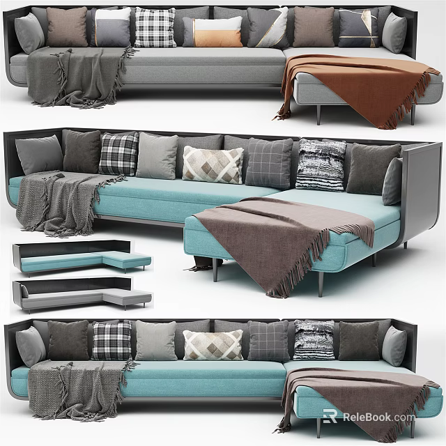 Modern Blue Sectional Sofa With Gray Plaid And Patterned Pillows And Throw Blankets 3d model