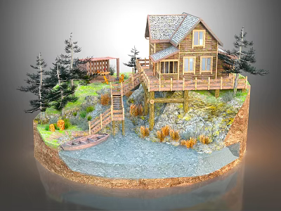 Rustic Log Cabin With Wooden Deck Stairs Pine Trees And Stream In Natural Setting 3d model
