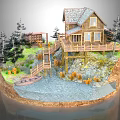 Rustic Log Cabin With Wooden Deck Stairs Pine Trees And Stream In Natural Setting