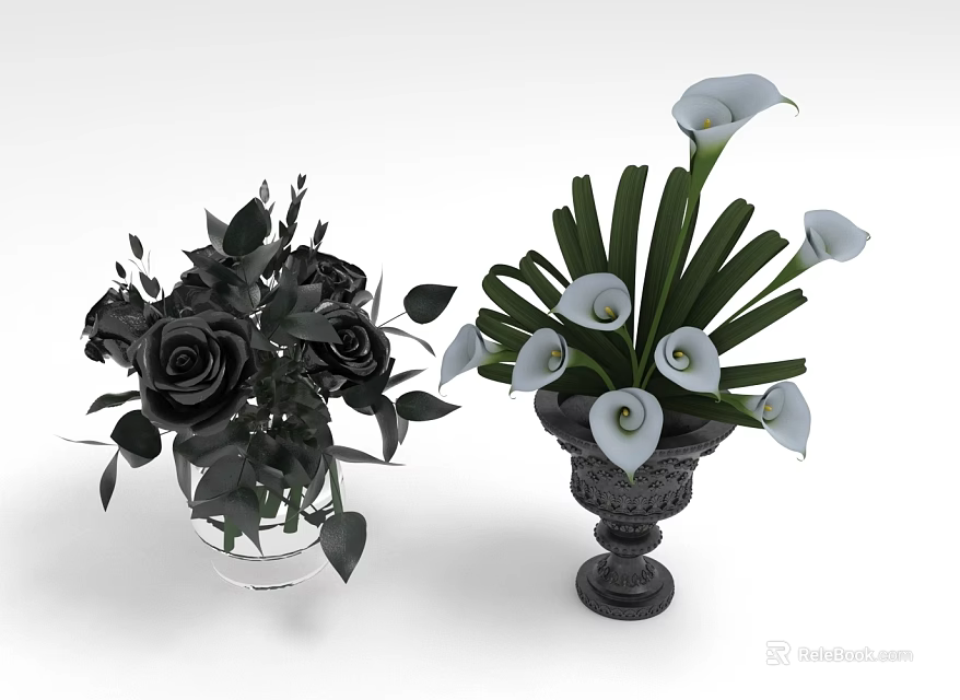 Flower Arrangements Featuring Black Roses In Transparent Vase And White Calla Lilies In Black Vase 3d model 