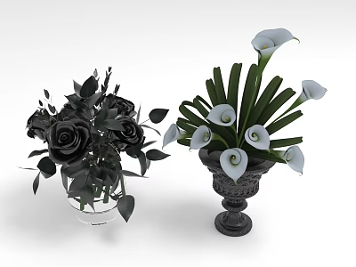 Flower Arrangements Featuring Black Roses In Transparent Vase And White Calla Lilies In Black Vase 3d model
