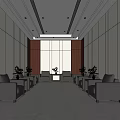 Hotel Public Lounge Area Featuring White Walls Brown Wooden Panels Black Sofas And Green Plants