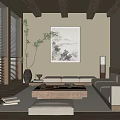 Japanese Style Living Room Interior With Wooden Beams Blinds Landscape Painting And Low Coffee Table