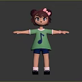 Cartoon Girl Character With Pigtails Pink Bow Green T-shirt Music Note And Outstretched Arms