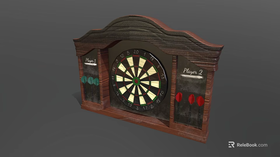 Wooden Dartboard Cabinet With Player Markers And Darts For Game Room Decor 3d model 