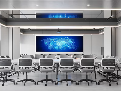 Modern Conference Room With Large Screen World Map And Arranged Chairs 3d model