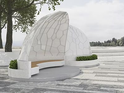 Stylish Modern Outdoor Chair With Curved Honeycomb Canopy And Green Plants In Garden 3d model