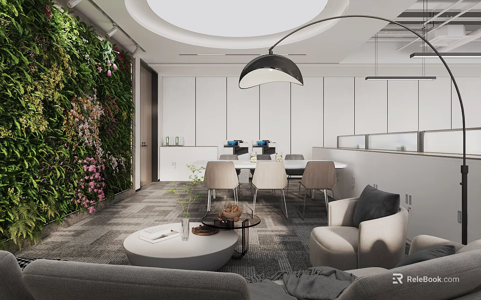 Modern Lounge Area Interior With Green Plant Wall Sofa And Coffee Table Setup 3d model 