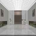 Modern Elevator Lobby Design With Geometric Ceiling Decorative Paintings Green Plants And Marble Floor
