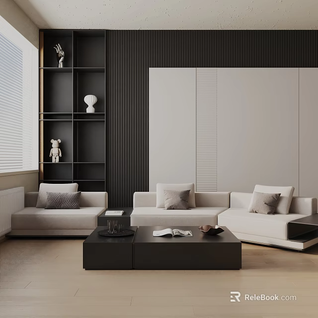 Modern Living Room With Three Seater Sofa Black Coffee Table And Decorative Shelves 3d model 