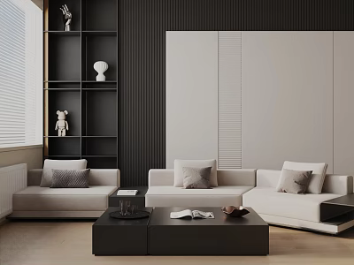 Modern Living Room With Three Seater Sofa Black Coffee Table And Decorative Shelves 3d model