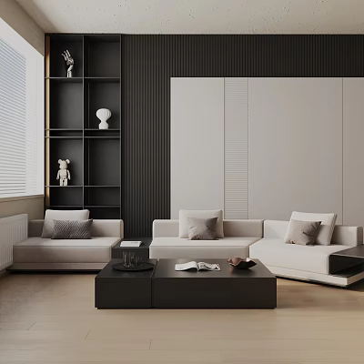 Modern Living Room With Three Seater Sofa Black Coffee Table And Decorative Shelves 3d model