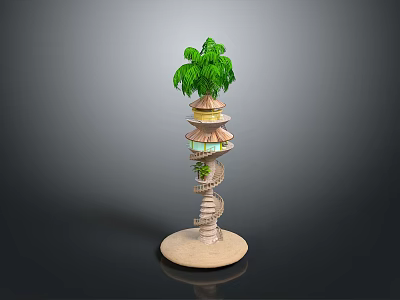 Spiral Multi Level Building Model with Palm Tree Top Circular Base Spiral Stairs and Windows 3d model