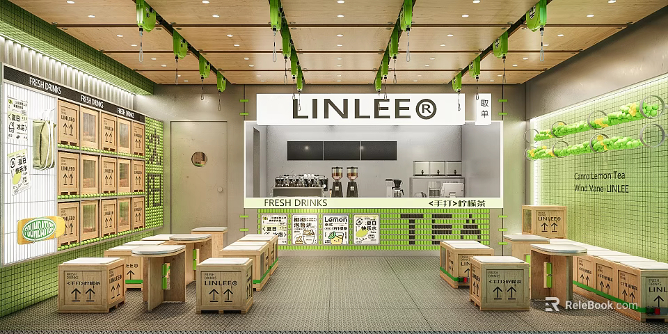 LINLEE Milk Tea Shop Interior With Wooden Tables Green Decor Fresh Drinks And Posters 3d model 