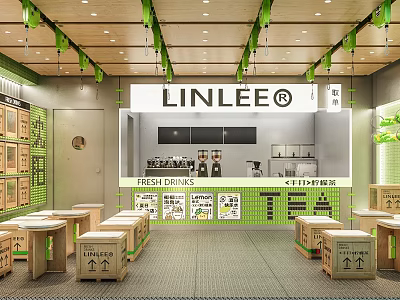 LINLEE Milk Tea Shop Interior With Wooden Tables Green Decor Fresh Drinks And Posters 3d model