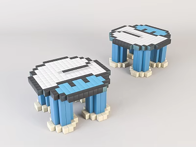 Blue And White Building Block Stool With White Seat Top And Blue Support Pillars 3d model