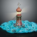 Decorative Lighthouse Themed Furniture Model Featuring Lit Light And Blue Wave Base Design