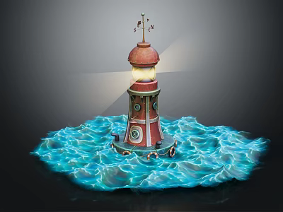 Decorative Lighthouse Themed Furniture Model Featuring Lit Light And Blue Wave Base Design 3d model