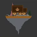 Pixel Art Wooden House On Floating Island With Brown Roof Green Trees And Pink Tower