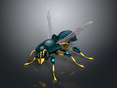 Detailed 3D Rendered Mechanical Insect With Green Body Yellow Legs And Transparent Wings 3d model