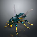 Detailed 3D Rendered Mechanical Insect With Green Body Yellow Legs And Transparent Wings