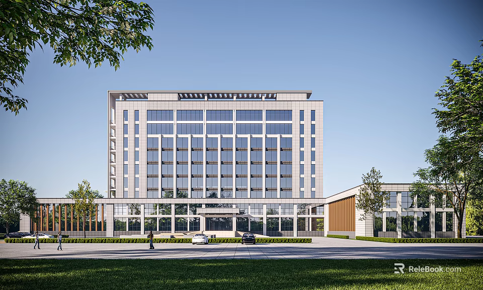 Modern Office Building With Glass Facade Landscaped Lawn And Trees Fronting Street 3d model 