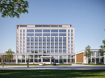 Modern Office Building With Glass Facade Landscaped Lawn And Trees Fronting Street 3d model