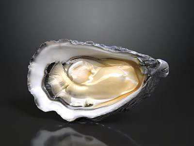 Open Oyster Shell With Shiny Pearl On Dark Reflective Background 3d model