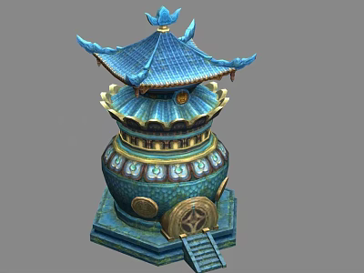 Traditional Ornate Blue Multi tiered Pagoda With Upturned Eaves Golden Decorations And Steps 3d model