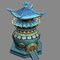 Traditional Ornate Blue Multi tiered Pagoda With Upturned Eaves Golden Decorations And Steps